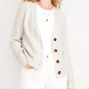Shaker-Stitch Speckled Cardigan